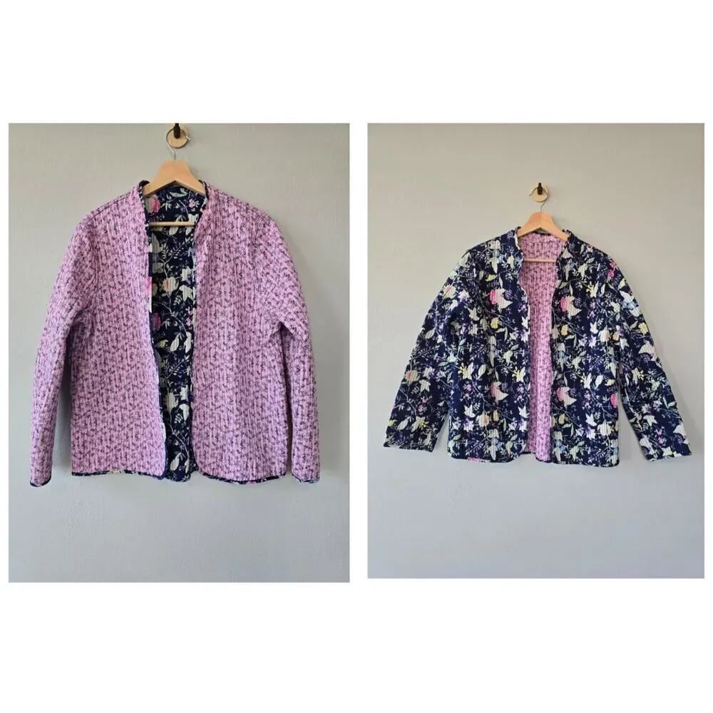 Reversible Quilted Floral Jacket Cottagecore Cotton Women Size L Vintage Boho